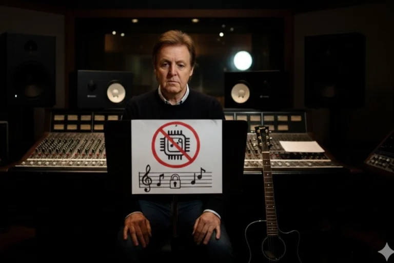 Paul McCartney en el estudio, mirada seria, representando la protesta con su tema silencioso contra el uso de la IA en la música sin derechos de autor.