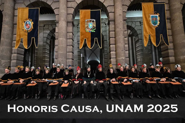 Ceremonia de investidura del doctorado honoris causa UNAM 2025 en el Palacio de Minería, donde 14 personalidades reciben la máxima distinción honorífica de la universidad.