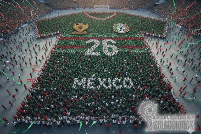 Ilustración vibrante que representa a una multitud formando la camiseta de la selección mexicana, simbolizando los ambiciosos récords para Mundial México 2026 que el país busca establecer.