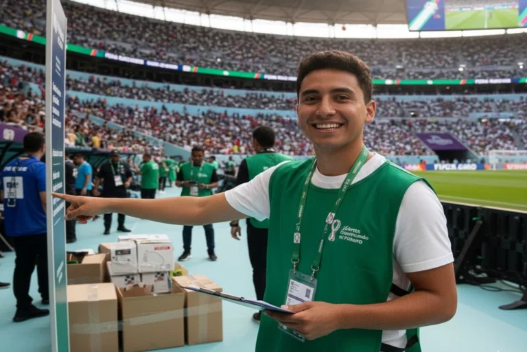 Joven becario de Jóvenes Construyendo el Futuro en el Mundial 2026 sonriendo mientras colabora en labores logísticas en un estadio.