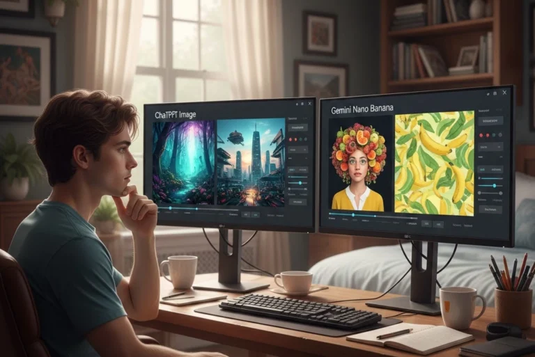 joven en su habitación arreglada tratando de decidir entre las interfaces de edición de ChatGPT Image y Gemini Nano Banana, mostrando ejemplos de imágenes editadas con ambas inteligencias artificiales en dos computadoras