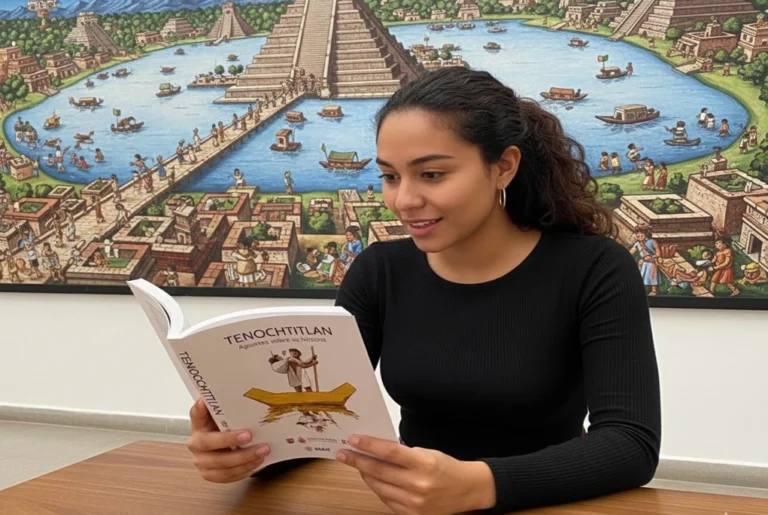 Joven leyendo el libro gratis INAH "Tenochtitlán. Apuntes sobre su historia" frente a una ilustración de la ciudad mexica.
