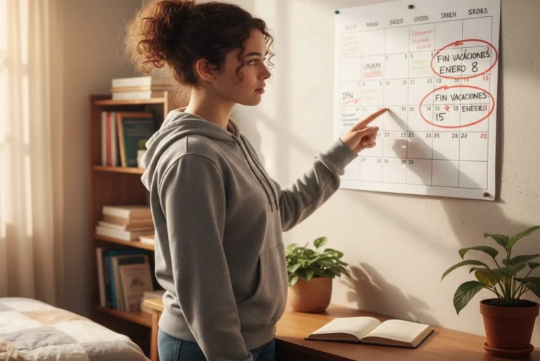 Estudiante consultando un calendario académico en la pared de su dormitorio con las fechas clave que indican cuándo terminan las vacaciones en la UNAM y el IPN.