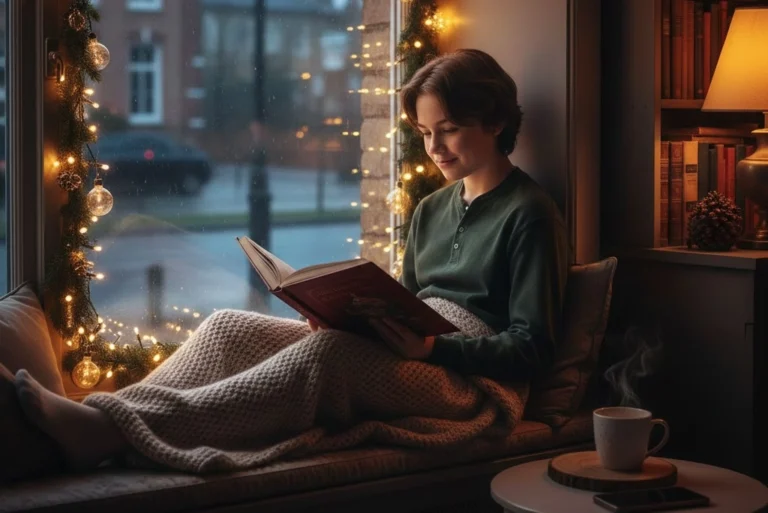 Joven leyendo un libro de cuentos de navidad junto a una ventana con luces navideñas, representando la desconexión digital y la magia de la lectura tradicional.