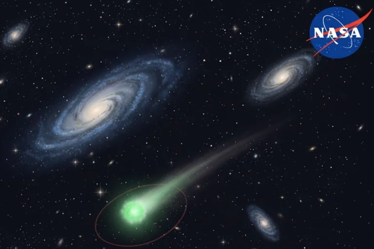 Ilustración artística del cometa 3I/ATLAS que la NASA vigila. Este visitante interestelar, surcando el espacio cerca de la órbita de Marte, con estrellas y galaxias de fondo