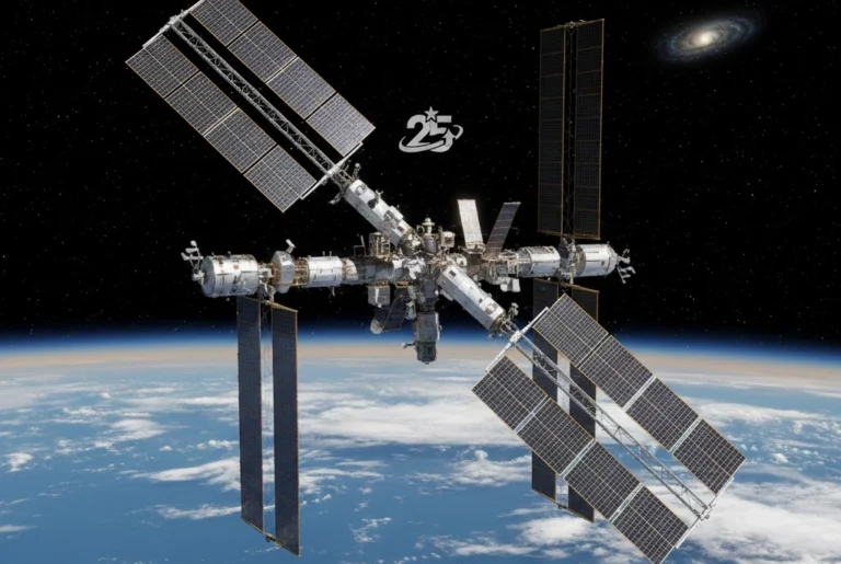 Vista exterior de la Estación Espacial Internacional orbitando la Tierra con sus paneles solares desplegados, celebrando 25 años en el espacio