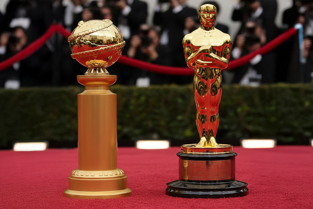 Comparativa visual entre los trofeos de los premios de cine Globos de Oro y Oscars sobre una alfombra roja.