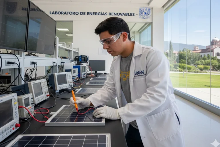 Estudiante universitario analizando paneles solares en un laboratorio moderno, representando la carrera de Ingeniería en Energías Renovables de la UNAM con acceso directo.