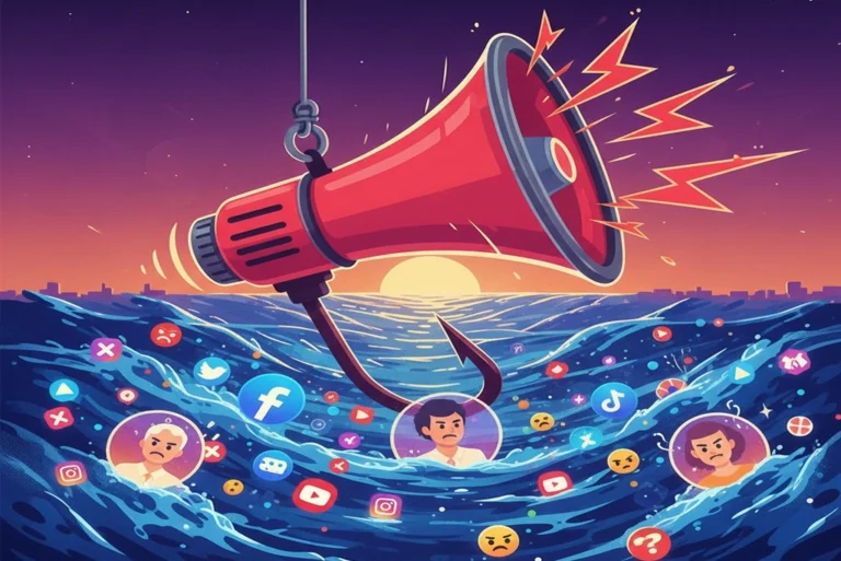 Rage bait, la palabra del año Oxford 2025, mostrando un anzuelo con forma de megáfono molesto en un mar de iconos de redes sociales