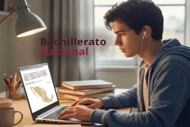 Joven estudiante interactuando con su computadora observando cuáles serán las 14 nuevas carreras del Bachillerato Nacional, incluyendo robótica y sistemas de software.