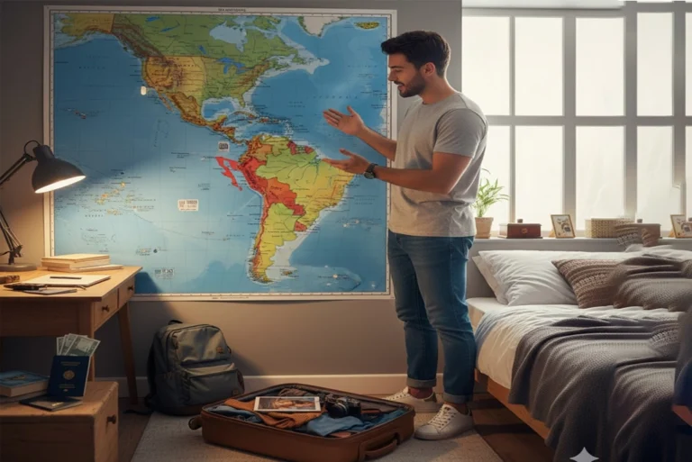joven en su cuarto observando mapa de América Latina destacando los principales países patrimonio de la humanidad según la UNESCO, como México, Brasil, Perú, Argentina y Colombia. y preparando maletas