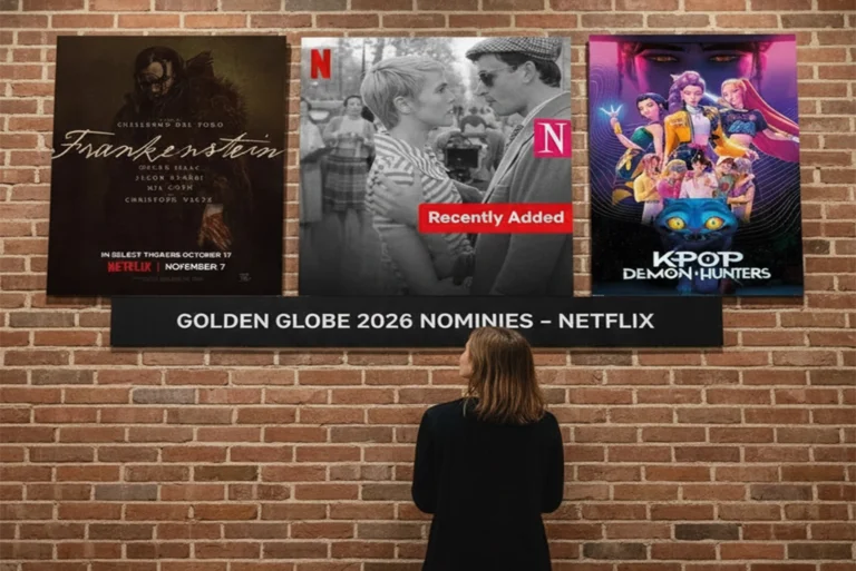 joven mirando Póster collage con las carátulas de las películas Frankenstein, Nouvelle Vague y KPop Demon Hunters, representando las principales películas nominadas Golden Globes en Netflix en 2026