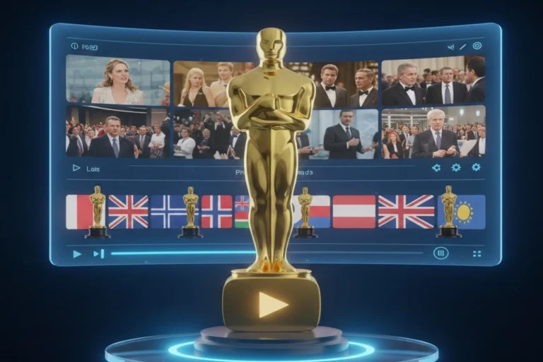 Premio Oscar sobre un fondo de reproductor de YouTube, representando la nueva era de la transmisión de los premios Oscar YouTube de forma digital y global