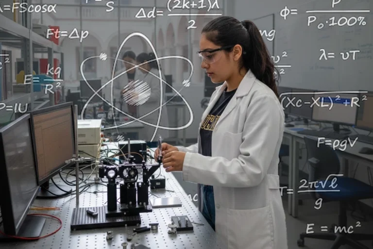 Joven estudiante realizando un experimento en un laboratorio de física moderna, representando la dinámica carrera de física en universidades públicas de México