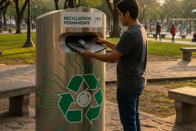 Joven depositando una laptop y un celular viejo en el contenedor del nuevo Reciclatrón permanente de la CDMX para el manejo de basura electrónica, ubicado en la Alameda Norte, Azcapotzalco