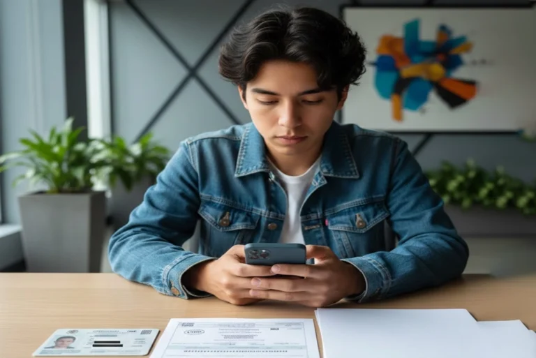 Joven revisando su teléfono celular junto a los documentos para el registro de celulares en México (credencial pequeña INE y CURP) sobre un fondo moderno