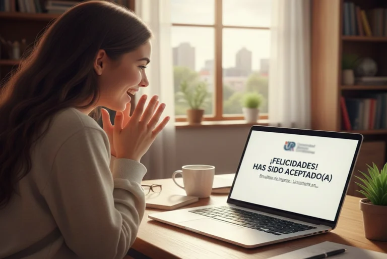 Estudiante revisando alegremente en su laptop los resultados de ingreso de la Universidad Rosario Castellanos en pantalla.