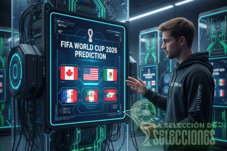 Joven al lado de supercomputadora el Mundial de Fútbol 2026 según una supercomputadora, con logos de las banderas dejando incógnita