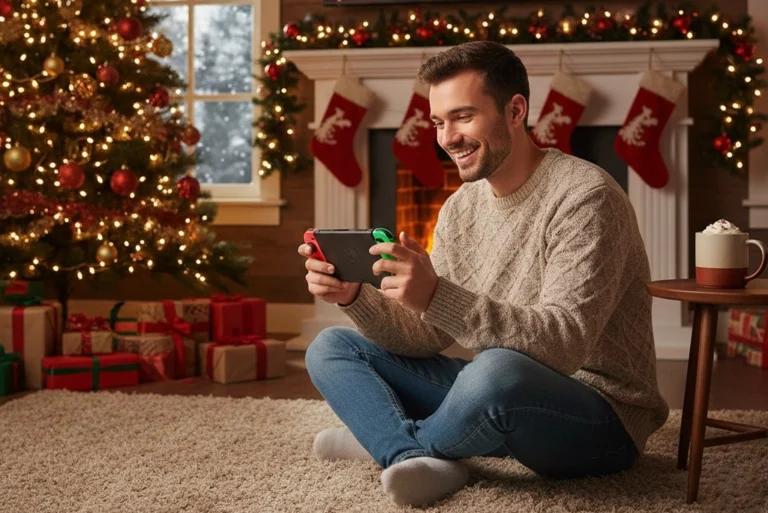 Joven jugando con una Nintendo Switch en un ambiente navideño, destacando los juegos gratis Nintendo Switch disponibles durante la campaña Switchmas Giveaway.