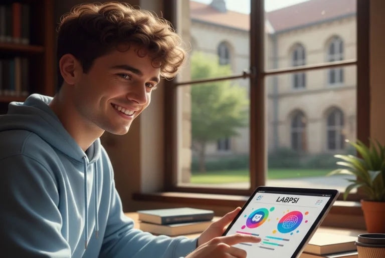 Joven universitario sonriente usando una tablet plataforma digital Labpsi, mejorando su memoria y concentración.