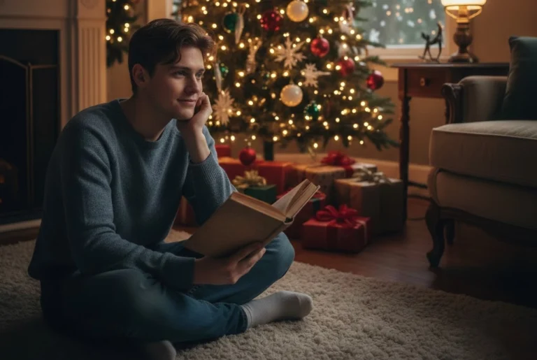 Joven reflexionando frente a un árbol de Navidad, ilustrando el concepto de Navidad felicidad o nostalgia explicado por la UNAM.