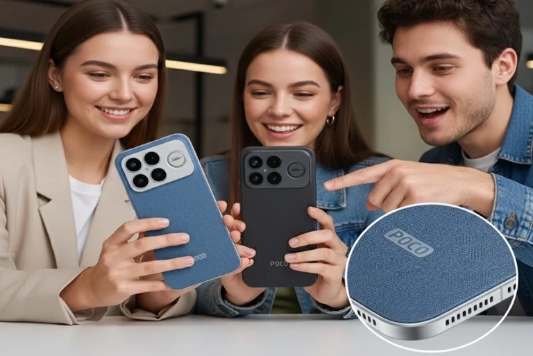 imagen de la jóvenes mostrando el nuevo smartphone POCO F8 Ultra, destacando su diseño y el sistema de bocinas Bose con sonido premium