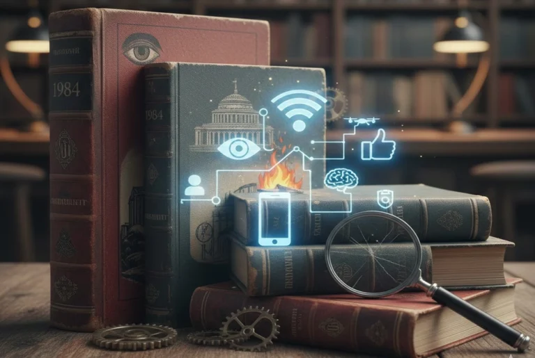Montaje de portadas de libros distópicos como '1984' y 'Fahrenheit 451' superpuestas con iconos tecnológicos modernos, representando el concepto de libros que predijeron el futuro.