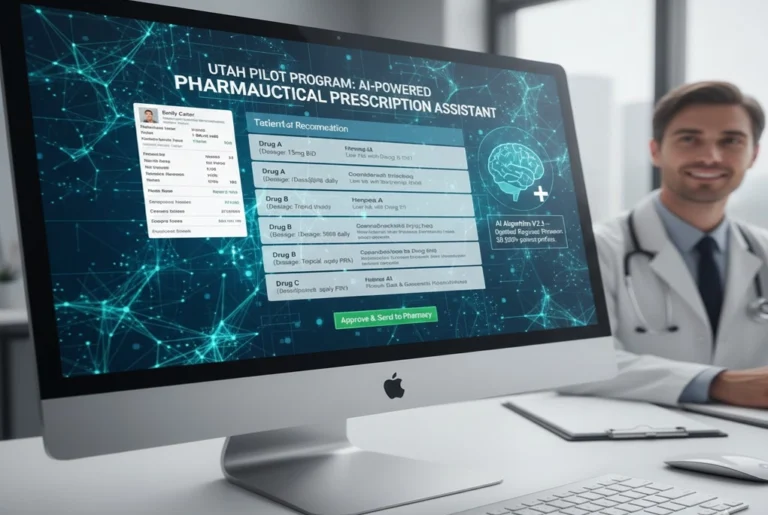 pantalla con un algoritmo de IA medicina recetando fármacos, representando el programa piloto de Utah