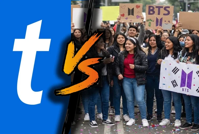 Miembros del fandom ARMY de BTS reunidos de manera pacífica, mostrando carteles que exigen transparencia y justicia en la venta de boletos para los conciertos.