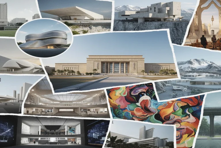 Fotografía collage que muestra renders arquitectónicos y visiones artísticas de varios de los nuevos museos en el mundo que se inaugurarán en 2026.