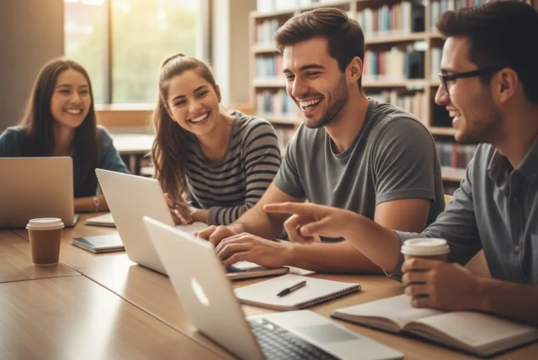 Joven universitario sonriente mientras trabaja en su laptop y colabora con compañeros, representando la experiencia positiva del servicio social universitario.