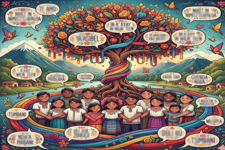 Ilustración colorida que representa diversidad lingüística y afecto, acompañada de frases con expresiones de amor en lenguas originarias de México.