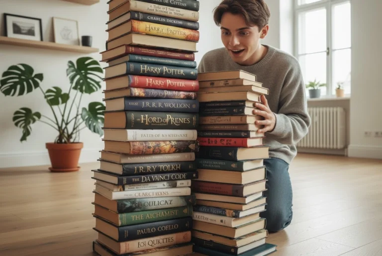 joven viendo una pila de los libros más vendidos de todos los tiempos, incluyendo clásicos como Don Quijote y Harry Potter, sobre un fondo moderno.
