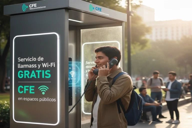 Joven utilizando una moderna cabina telefónica pública de la CFE para hacer una llamada gratis, con el logo de CFE Telecomunicaciones visible. Servicio de llamadas y wifi gratis CFE en espacios públicos.