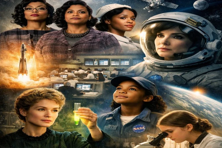 Cartel collage de varias películas sobre mujeres en la ciencia como Talentos Ocultos, Gravity y Radioactive, ideal para inspirar a jóvenes.