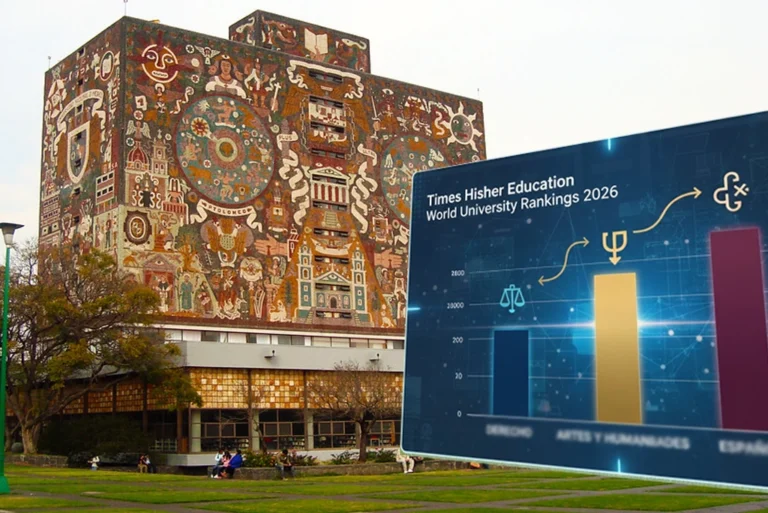 biblioteca central de la UNAMde fondo y de frente gráfica en el ranking Times Higher Education 2026, destacando las carreras de Derecho, Artes y Humanidades
