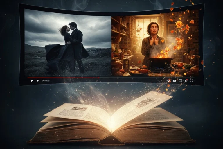 imagen que representa la transición de un libro abierto a una pantalla de cine, mostrando escenas de próximas adaptaciones de libros, películas y series