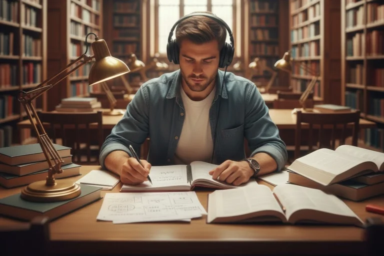 Estudiante universitario con audífonos escuchando música para estudiar mientras repasa apuntes en una biblioteca rodeado de libros.