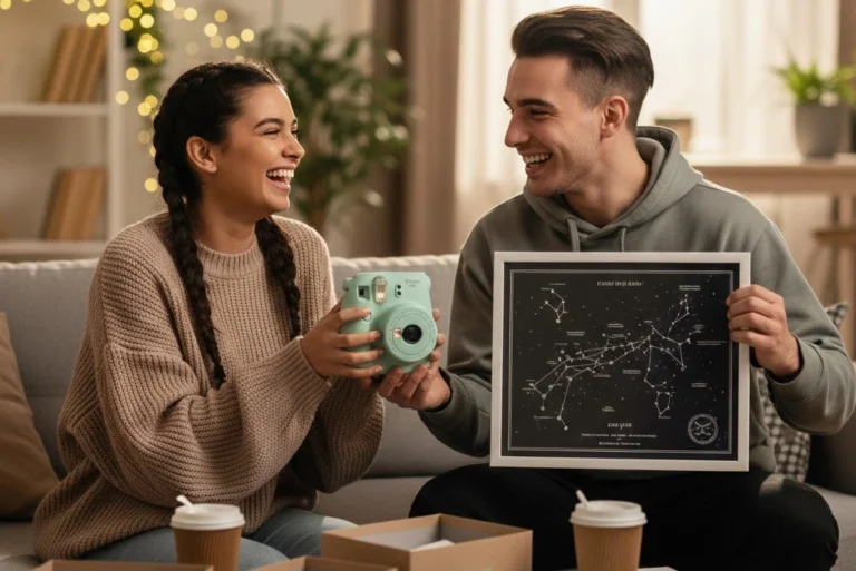 Joven pareja Gen Z riendo mientras intercambian regalos modernos como una cámara retro y un mapa estelar personalizado, representando las nuevas tendencias en regalos de parejas Gen Z.