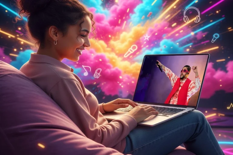 Joven realizando un test divertido en laptop sobre las canciones de Bad Bunny.