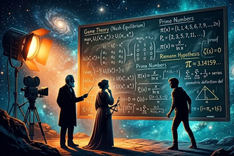 Ilustración de de películas de matemáticas que muestra un pizarrón con ecuaciones, figuras geométricas y siluetas de personajes icónicos del cine como John Nash o Alan Turing.