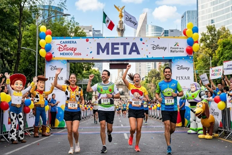 Participantes sonrientes vestidos con playeras temáticas de Toy Story 5 cruzando la meta en el Paseo de la Reforma durante la carrera Disney México 2026, con globos de colores y personajes de Pixar animando desde las vallas.
