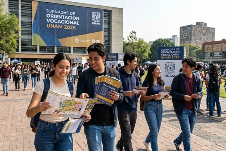 Estudiantes jóvenes recorriendo las instalaciones durante las jornadas de orientación vocacional UNAM 2026, con mapas y folletos informativos en mano.