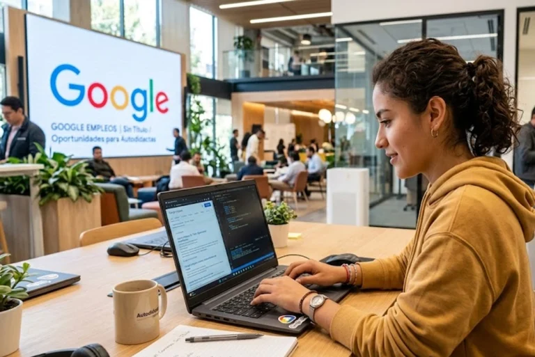 Joven trabajando en computador portátil en un espacio moderno, con fondo que incluye elementos de tecnología y el logo de Google, representando google empleos sin título y oportunidades laborales para autodidactas.