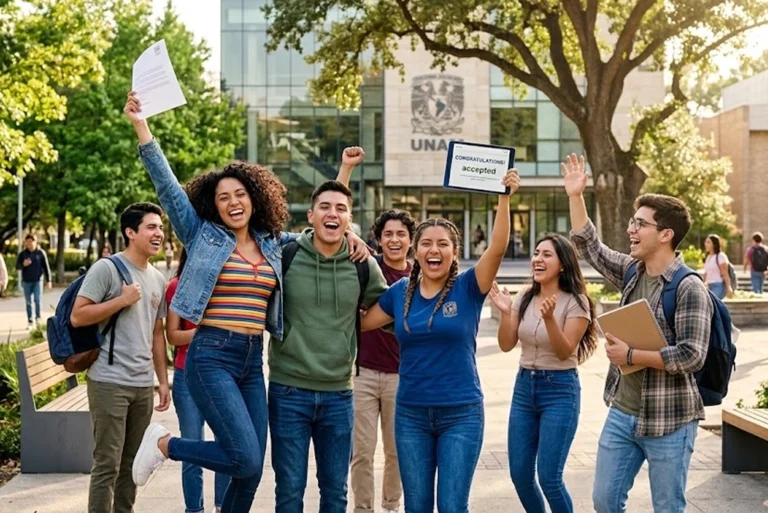 Jóvenes estudiantes sonrientes en el campus de la ENES Mérida, con mochilas y libretas en mano, celebrando la ampliación de convocatoria UNAM para nuevas licenciaturas.