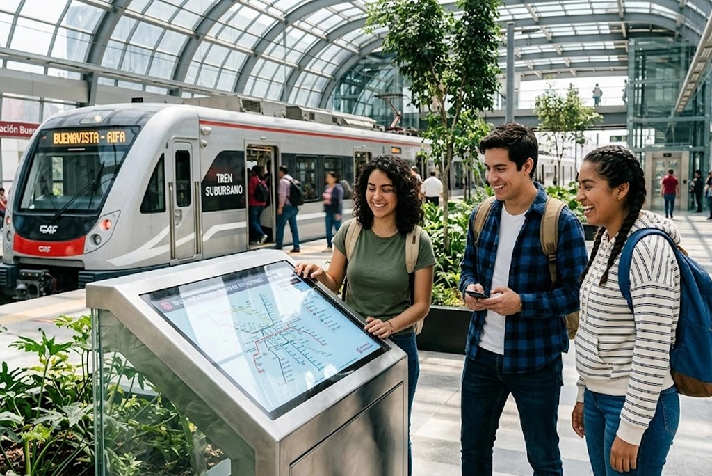 Grupo de jóvenes tomando selfies en la estación del tren suburbano, con el letrero “AIFA” al fondo y un mapa de rutas y lugares para visitar pegado en la pared.