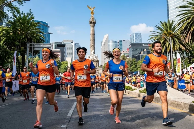 Corredores jóvenes con camisetas de Dragon Ball en la meta de la carrera Dragon Ball sobre Paseo de la Reforma, con el Ángel de la Independencia al fondo.
