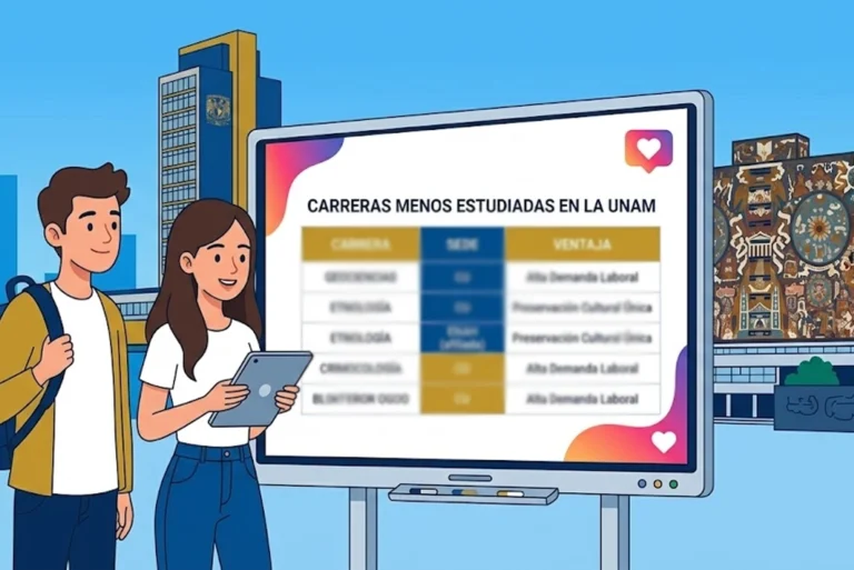 ilustración de jóvenes estudiantes consultando las carreras menos estudiadas o de menor demanda de la unam