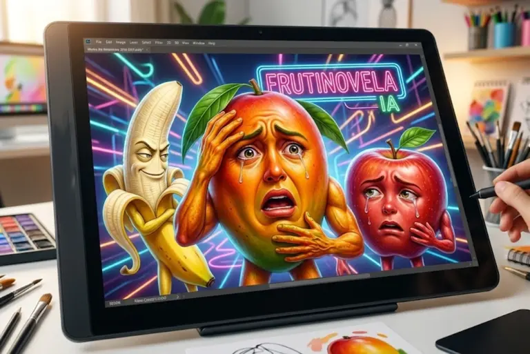 tres frutas con rostros humanos exagerados: un mango con expresión dramática de telenovela, un plátano sonriendo con malicia, una manzana con lágrimas. Fondo de neón con texto 'FRUTINOVELA IA'. Colores saturados, estilo cartoon moderno.