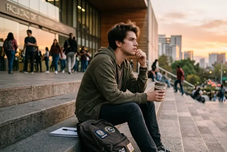 Fotografía de estilo cinematográfico y juvenil de un estudiante de unos 20 años sentado en las escaleras de una universidad moderna, sosteniendo un café y mirando al horizonte con expresión pensativa pero con un poco de ansiedad. Luz de atardecer, profundidad de campo suave, colores vibrantes pero naturales. Estética tipo "lifestyle" universitario.